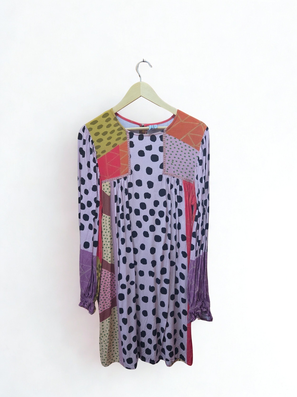 Sally Dress ? Patchwork Polka Dot Long-Sleeve Dress in Lavender